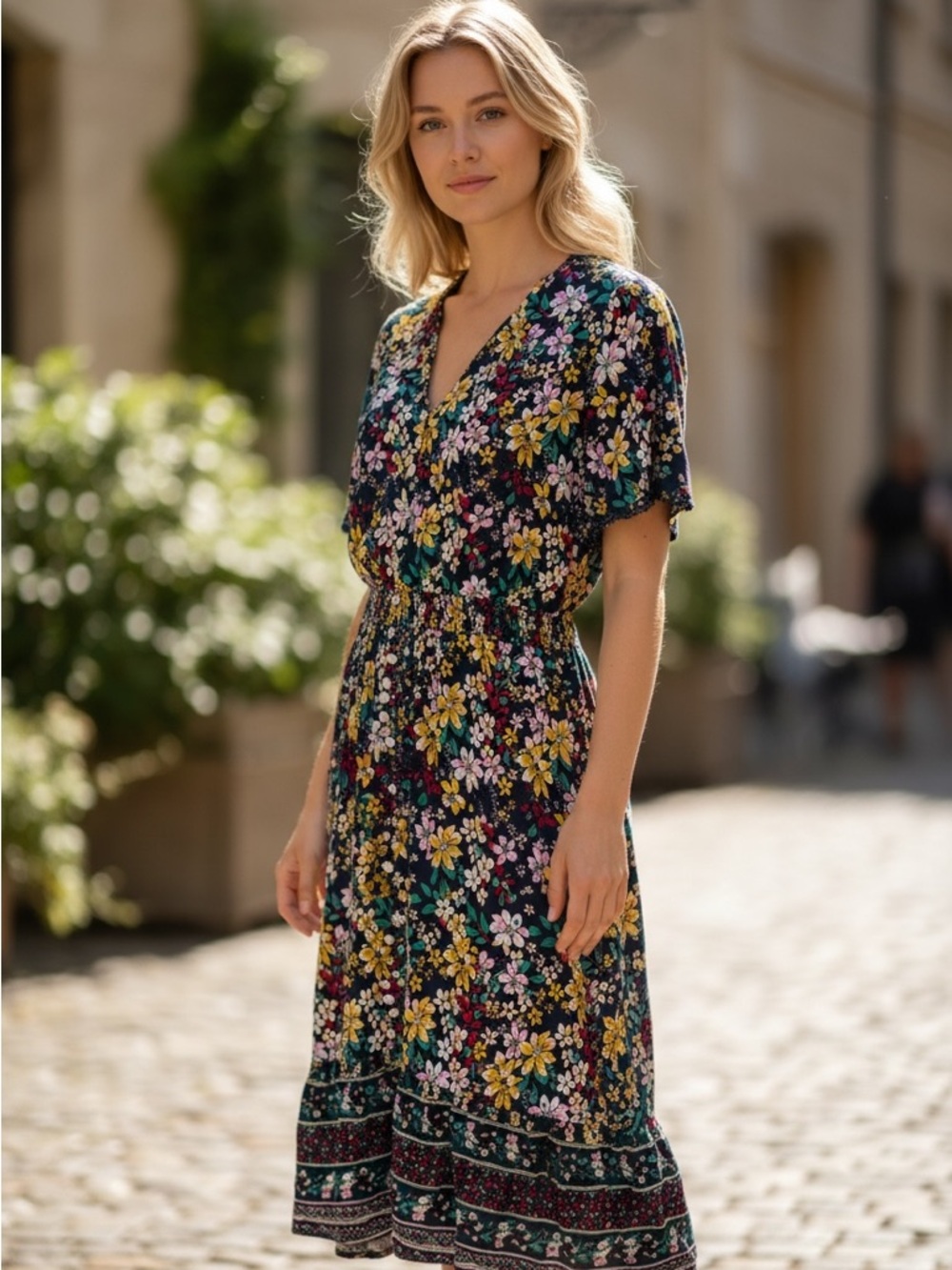 Floral High-Low Midi Dress | Boho Button Front | L